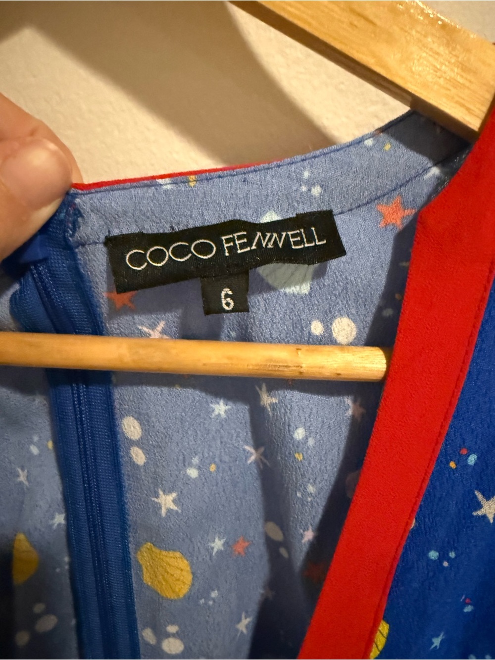 Coco Fennell Sea Shell Dirndl Midi Dress Blue Red Trim 6 Vintage Inspired - Picture 7 of 9